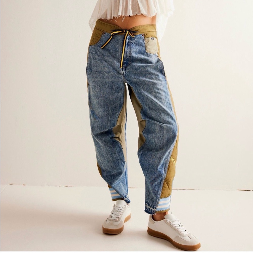 FP Movement by Free People Blue and Tan Boyfriend Jeans